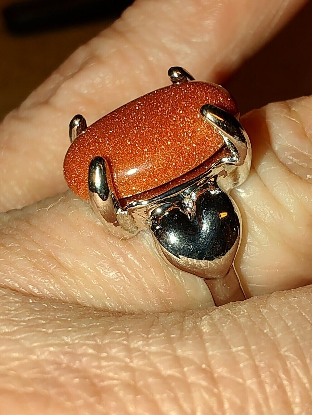Goldstone Oval Stainless Steel Ring - Sparkling Copper-Orange Gem